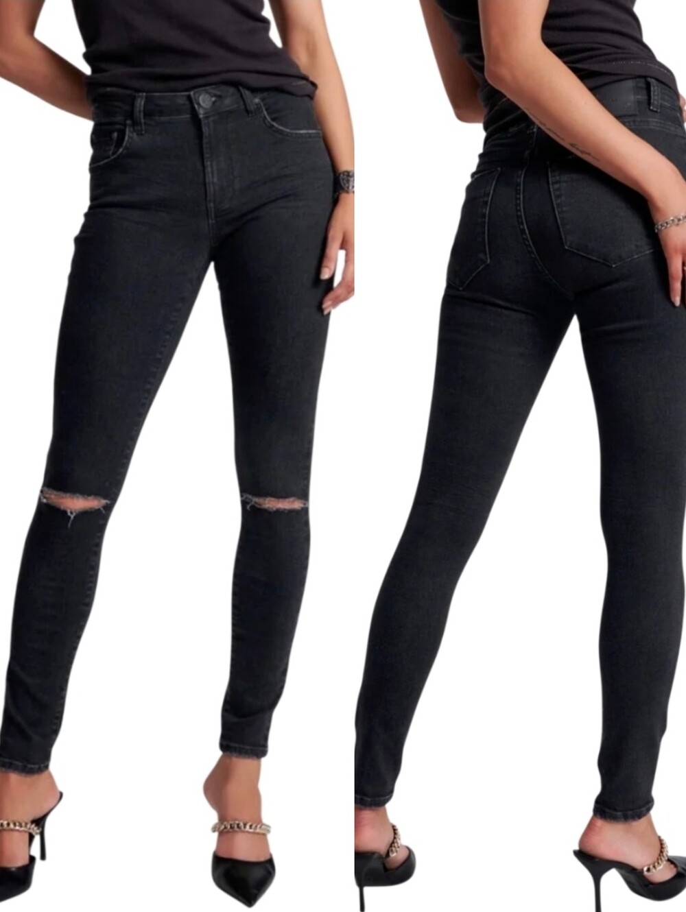 One Teaspoon High Waist Freebird II Skinny Jeans Stretch Ripped Knees Black 26
